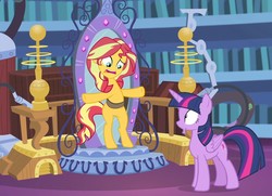 Size: 1340x972 | Tagged: safe, edit, edited screencap, screencap, sunset shimmer, twilight sparkle, alicorn, pony, unicorn, human head pony, equestria girls, equestria girls series, forgotten friendship, g4, book, failure, laboratory, library, mirror, monster, portal, reverse anthro, twilight sparkle (alicorn), wat, what has magic done, what has science done