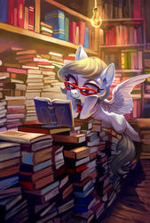 Size: 1800x2666 | Tagged: safe, artist:holivi, oc, oc only, pegasus, pony, g4, book, bookshelf, cute, female, glasses, mare, meganekko, prone, reading, smiling, solo, that pony sure does love books
