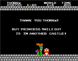 Size: 680x530 | Tagged: safe, thorax, changedling, changeling, pony, pony town, g4, annoyed, antlers, game, king thorax, male, mario, mario bros., nintendo entertainment system, super mario bros., text, toad (mario bros)