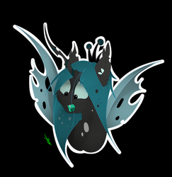 Size: 2433x2499 | Tagged: source needed, safe, artist:groomlake, queen chrysalis, changeling, changeling queen, pony, g4, black background, crown, female, high res, jewelry, open mouth, regalia, simple background, solo, spots