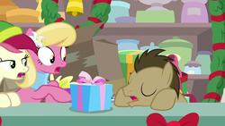Size: 1280x720 | Tagged: safe, screencap, doctor whooves, lily, lily valley, roseluck, time turner, g4, my little pony best gift ever, asleep on the job, clothes, present, scarf, sleeping, striped scarf, winter outfit, wreath