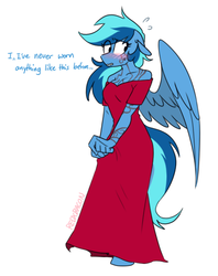 Size: 501x631 | Tagged: safe, artist:redxbacon, oc, oc only, oc:uma stale, pegasus, anthro, unguligrade anthro, anthro oc, blushing, clothes, dialogue, dress, female, mare, red dress, signature, simple background, solo, speech, tattoo, text, white background