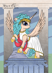 Size: 764x1080 | Tagged: safe, artist:calena, oc, alicorn, pony, alicorn oc, clothes, colored sketch, commission, costume, dress, greek, greek clothes, horn, looking at you, pillar, random pony, simple background, solo, wings, ych example, your character here