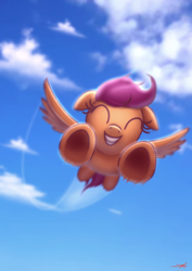 Size: 1240x1754 | Tagged: dead source, safe, artist:jeki, scootaloo, pegasus, pony, g4, ^^, cute, cutealoo, eyes closed, female, filly, flying, scootaloo can fly, sky, sky background, smiling, solo, spread wings, wings