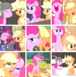 Size: 740x752 | Tagged: safe, edit, edited screencap, editor:lisaloudleijon, screencap, applejack, pinkie pie, pony, g4, hearthbreakers, magical mystery cure, my little pony: the movie, not asking for trouble, pinkie apple pie, collage, cropped, duckface, female, helmet, honorary yak horns, horned helmet, implied applepie, implied lesbian, implied shipping, lesbian, mare, pinkamena diane pie, screaming, ship:applepie, shipping, swapped cutie marks, viking helmet