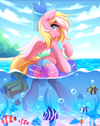 Size: 2665x3369 | Tagged: safe, artist:airiniblock, oc, oc only, oc:bay breeze, fish, pegasus, pony, rcf community, bikini, bow, clothes, commission, cute, female, hair bow, looking at you, mare, ocean, smiling, solo, swimsuit, tail bow