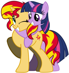 Size: 7101x7545 | Tagged: safe, artist:ramseybrony17, sunset shimmer, twilight sparkle, alicorn, pony, unicorn, g4, absurd resolution, female, hug, looking at each other, mare, raised hoof, simple background, smiling, transparent background, twilight sparkle (alicorn), vector