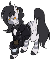 Size: 908x1078 | Tagged: safe, artist:egophiliac, oc, oc only, oc:phisa, pony, zebra, fallout equestria, choker, clothes, dock, ear piercing, fallout equestria: dead end, female, jacket, jewelry, leather, leather jacket, piercing, pipbuck, quadrupedal, simple background, solo, spiked choker, stripes, tail, transparent background, yellow eyes, zebra oc