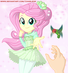 Size: 763x824 | Tagged: safe, artist:charliexe, fluttershy, bird, hummingbird, equestria girls, g4, my little pony equestria girls: better together, so much more to me, beautiful, clothes, cute, dress, female, hand, legs together, looking at you, offscreen character, pink background, pov, shyabetes, simple background, smiling