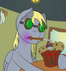 Size: 1416x1536 | Tagged: safe, artist:quarmaid, derpy hooves, pegasus, pony, g4, evil muffin, female, food, goggles, green glasses, muffin, soldering iron, steampunk glasses, wires, yellow hair