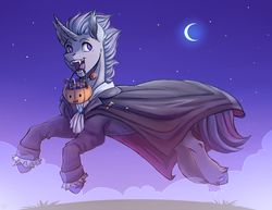 Size: 2113x1632 | Tagged: safe, artist:1an1, oc, oc only, oc:verlo streams, pony, unicorn, candy, clothes, costume, crescent moon, cute, dracula, fangs, halloween, holiday, male, moon, open mouth, solo, stars, trick or treat