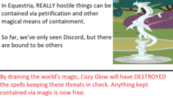 Size: 849x482 | Tagged: safe, screencap, discord, g4, school raze, the return of harmony, cropped, fanfic fuel, text, theory, xk-class end-of-the-world scenario