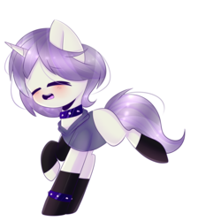 Size: 3589x4000 | Tagged: safe, artist:twily-star, oc, oc only, oc:aesthetic adore, pony, unicorn, icey-verse, black socks, blushing, chibi, choker, clothes, commission, cute, eyes closed, female, hoodie, magical lesbian spawn, mare, next generation, offspring, open mouth, parent:inky rose, parent:lily lace, parents:inky lace, raised hoof, running, socks, solo, spiked choker, spiked wristband, wristband