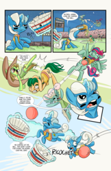 Size: 6600x10200 | Tagged: safe, artist:lytlethelemur, oc, oc:champion, oc:gimbal lock, oc:nutmeg, earth pony, pegasus, pony, unicorn, comic:ponies in the outfield, absurd resolution, belly, buckball, bucket, clothes, comic, female, mare, pudgy, tank top