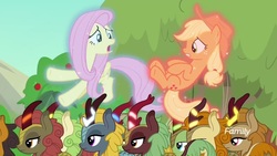 Size: 1920x1080 | Tagged: safe, screencap, applejack, autumn afternoon, cinder glow, fern flare, fluttershy, forest fall, maple brown, pumpkin smoke, sparkling brook, spring glow, summer flare, winter flame, earth pony, kirin, pegasus, pony, g4, sounds of silence, female, glowing horn, horn, levitation, lidded eyes, magic, male, mare, scared, telekinesis