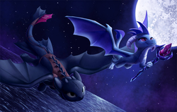 Size: 1500x953 | Tagged: safe, artist:tsitra360, princess ember, dragon, night fury, g4, bloodstone scepter, commission, crossover, dragon lord ember, dragoness, dreamworks, duo, female, flying, full moon, how to train your dragon, male, moon, night, smiling, speedpaint available, stars, toothless the dragon