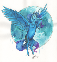 Size: 1024x1117 | Tagged: safe, artist:sagastuff94, princess luna, alicorn, pony, g4, ethereal mane, female, flying, hoers, mare, moon, realistic anatomy, realistic horse legs, solo, spread wings, starry mane, traditional art, watercolor painting, wings