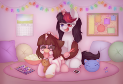Size: 3382x2320 | Tagged: safe, artist:adostume, oc, oc only, oc:adostume, oc:heinrich hirsch, pony, unicorn, g4, my little pony: the movie, broken horn, candy, clothes, cute, female, food, glasses, hairbrush, heterochromia, high res, horn, magazine, magazine cover, magic, mare, music, music notes, pillow, popcorn, rule 63, stockings, thigh highs, tongue out