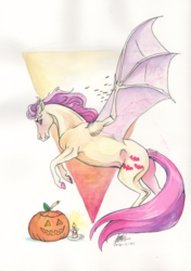 Size: 1024x1455 | Tagged: safe, artist:sagastuff94, fluttershy, bat pony, pony, g4, bat ponified, colored hooves, fangs, female, flutterbat, flying, halloween, hoers, holiday, jack-o-lantern, looking at you, mare, pumpkin, race swap, realistic anatomy, realistic horse legs, realistic wings, solo, spread wings, traditional art, watercolor painting, wings