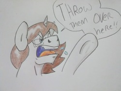 Size: 1004x753 | Tagged: safe, artist:paper view of butts, oc, oc:paper butt, pony, unicorn, colored, comic, comic strip, dialogue, glasses, horn, male, stallion, traditional art