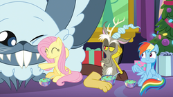 Size: 1920x1080 | Tagged: safe, screencap, discord, fluttershy, rainbow dash, draconequus, pegasus, pony, winterchilla, winterzilla, best gift ever, g4, ^^, bowl, christmas, christmas tree, cute, eating, eyes closed, female, food, hearth's warming tree, holiday, hug, male, mare, one eye closed, ornament, present, pudding, puddinghead's pudding, shyabetes, smiling, spoon, tree, wing hands