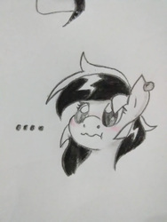 Size: 565x753 | Tagged: safe, artist:paper view of butts, oc, oc:hiraeth luvsic, pony, blushing, colored, comic, comic strip, cute, dialogue, ear piercing, earring, female, jewelry, mare, piercing, traditional art