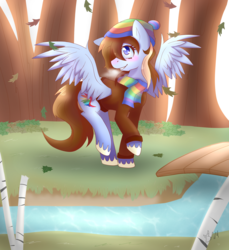Size: 3507x3834 | Tagged: safe, artist:bam-bean-itzevil, oc, oc only, oc:art wing, pony, autumn, autumn leaves, breath, high res, leaves, old art, river, solo, tree