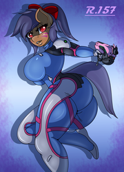 Size: 1800x2500 | Tagged: safe, artist:renegade-157, oc, oc only, oc:blueberry crisp, anthro, anatomically incorrect, anthro oc, ass, butt, clothes, commission, cosplay, costume, d.va, female, gun, open mouth, overwatch, solo, thick, tight clothing, weapon, whisker markings