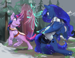 Size: 1280x989 | Tagged: safe, artist:silfoe, princess luna, twilight sparkle, alicorn, pony, unicorn, nomad au, g4, alternate universe, armor, clothes, duo, ethereal fetlocks, ethereal mane, female, glowing horn, horn, looking at each other, magic, mare, royal multiverse, sparring, starry fetlocks, starry mane, unicorn twilight, unshorn fetlocks