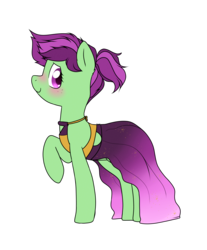 Size: 3282x3961 | Tagged: safe, artist:klngkumquat, oc, oc only, oc:sour grapes, earth pony, pony, blushing, clothes, dress, female, high res, mare, ponytail, raised leg, solo