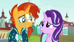 Size: 1280x720 | Tagged: safe, screencap, starlight glimmer, sunburst, pony, unicorn, g4, the parent map, concerned, confused, duo, female, looking at each other, male, mare, sire's hollow, stallion