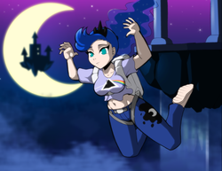 Size: 3300x2550 | Tagged: safe, artist:severflame, princess luna, human, g4, base jumping, clothes, cutie mark on clothes, falling, female, floating island, high res, humanized, moon, night, parachute, pink floyd, shirt, solo, t-shirt, the dark side of the moon