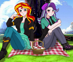 Size: 913x785 | Tagged: safe, artist:anonix123, starlight glimmer, sunset shimmer, human, equestria girls, g4, basket, beanie, blushing, clothes, hat, human coloration, jacket, leather jacket, pants, picnic basket, picnic blanket, sitting, smiling, tree, vest