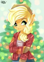 Size: 1280x1786 | Tagged: safe, artist:lucaaegus, applejack, earth pony, anthro, g4, arm hooves, christmas, christmas tree, clothes, female, flannel, freckles, holiday, jacket, mare, smiling, tree
