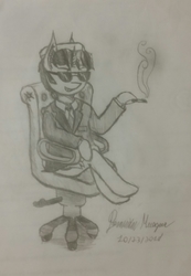 Size: 1861x2687 | Tagged: safe, artist:antique1899, oc, oc only, oc:ragtime melody, pony, unicorn, cigarette, clothes, cursive writing, office chair, signature, smoking, solo, suit, sunglasses, traditional art