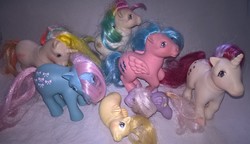 Size: 3190x1840 | Tagged: safe, artist:edhelistar, derpibooru exclusive, bouquet (g1), bow tie (g1), firefly, moondancer (g1), starshine, sun shower, yo-yo (g1), earth pony, pegasus, pony, sea pony, unicorn, g1, baby, baby pony, baby sea pony, irl, photo, toy