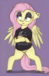 Size: 793x1224 | Tagged: safe, artist:marsminer, fluttershy, pegasus, pony, bipedal, bottomless, clothes, ear piercing, eyeshadow, female, fluttergoth, goth, makeup, mare, piercing, shirt, simple background, solo, t-shirt