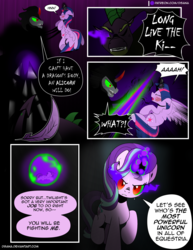 Size: 1275x1650 | Tagged: safe, artist:dsana, king sombra, spike, starlight glimmer, twilight sparkle, alicorn, dragon, pony, unicorn, comic:the shadow shard, g4, comic, dark magic, dialogue, female, magic, male, mare, possessed, sombra eyes, spikezilla, the lion king, this will end in death, this will end in tears and/or death, twilight sparkle (alicorn)