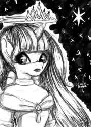 Size: 1280x1786 | Tagged: safe, artist:lucaaegus, twilight sparkle, alicorn, anthro, g4, black and white, crown, female, grayscale, jewelry, monochrome, princess, regalia, sketch, solo, stars, twilight (astronomy), twilight sparkle (alicorn)