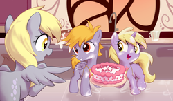 Size: 1445x851 | Tagged: safe, artist:pestil, crackle pop, derpy hooves, dinky hooves, pegasus, pony, unicorn, g4, apron, bowl, brother and sister, cake, clothes, colt, cracklebetes, cute, dinkabetes, equestria's best daughter, equestria's best family, equestria's best mother, equestria's best son, family, female, filly, flour, food, hooves family, kitchen, male, mare, measuring cup, mother and daughter, mother and son