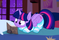Size: 3786x2571 | Tagged: safe, artist:pucksterv, artist:slb94, twilight sparkle, alicorn, pony, adorkable, bed, book, clothes, cute, dork, female, mare, prone, reading, socks, solo, striped socks, that pony sure does love books, twiabetes, twilight sparkle (alicorn)