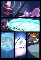 Size: 4750x7000 | Tagged: safe, artist:chedx, tempest shadow, twilight sparkle, alicorn, pony, unicorn, comic:the storm kingdom, g4, my little pony: the movie, absurd resolution, alternate hairstyle, alternate timeline, alternate universe, bad end, blast, boom, castle, comic, crystal, crystal of light, explosion, eye scar, female, general tempest shadow, glowing horn, glowing scar, horn, imminent death, mare, parallel universe, scar, the bad guy wins, twilight sparkle (alicorn)