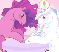 Size: 1156x1024 | Tagged: safe, artist:starwishesiscanon, skywishes, star catcher, earth pony, pegasus, pony, g3, blushing, cotton candy cafe, couple, female, food, hoof heart, ice cream, lesbian, looking at each other, ship:skycatcher, shipping, speech bubble, table, underhoof