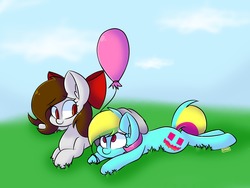 Size: 2048x1536 | Tagged: safe, artist:chicasparkle, oc, oc:vice common, oc:whisper hope, balloon, bow, female, grass, looking at each other, lying down, male, mare, multicolored hair, ribbon, simple background, stallion