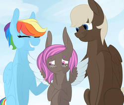 Size: 1024x866 | Tagged: safe, artist:pugasart, dumbbell, rainbow dash, oc, oc:breeze aura, g4, colored wings, dumbdash, eyes closed, family, family photo, female, freckles, long ears, looking down, male, offspring, parent:dumbbell, parent:rainbow dash, parents:dumbdash, shipping, short hair, spread wings, straight, wings