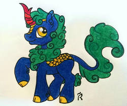 Size: 978x817 | Tagged: safe, artist:dawn-designs-art, oc, oc only, oc:midnight tales, kirin, blue coat, cloven hooves, colored hooves, colored pencil drawing, green mane, horn, kirin oc, male, raised hoof, red horn, solo, stallion, traditional art, yellow eyes