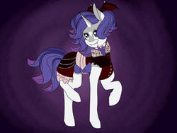 Size: 1024x769 | Tagged: safe, artist:pugasart, rarity, pony, vampire, g4, abstract background, clothes, costume, dress, fangs, female, halloween, halloween costume, raised hoof, solo