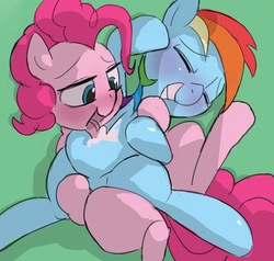 Size: 1000x950 | Tagged: safe, artist:baigak, pinkie pie, rainbow dash, pony, g4, blushing, eyes closed, female, food, foodplay, frosting, lesbian, licking, mare, ship:pinkiedash, shipping, smiling, tickling, tongue out