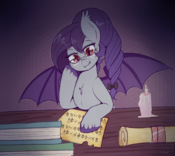 Size: 800x714 | Tagged: safe, artist:lulubell, oc, oc only, oc:mabel, bat pony, pony, book, candle, parchment, scroll, solo