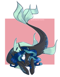 Size: 1218x1564 | Tagged: safe, artist:rosafawn, oc, oc only, merpony, sea pony, seapony (g4), blue eyes, blue mane, dorsal fin, female, fins, fish tail, flowing tail, simple background, smiling, solo, tail